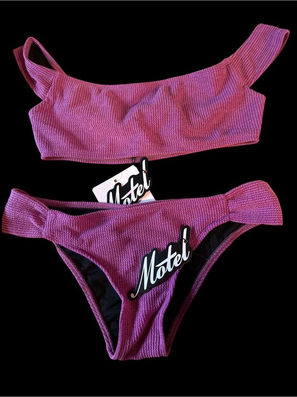 Motel Rocks Purple Mei Bikini Set Ribbed Fabric High-Cut Bottom Small NWT